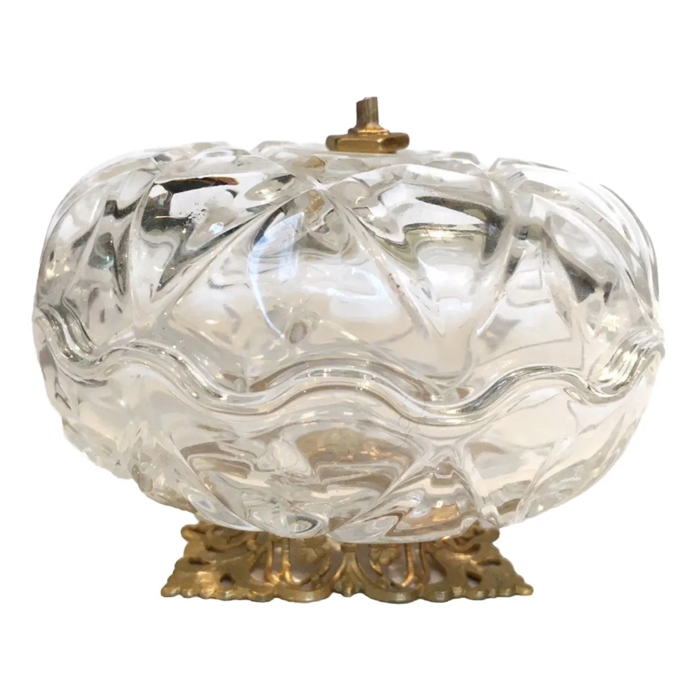 Vintage Crystal Glass Trinket Box Carved Glass Detailed Metal Stand Gold Jewelry